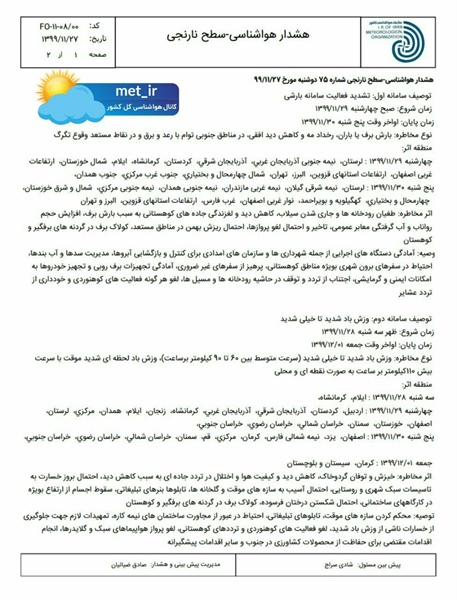 ⚠️ هشدار سازمان هواشناسی   👈پیام توسعه آبادی @P_T_Abadi