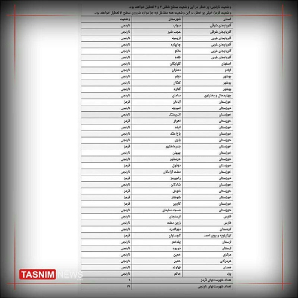 ⭕اسامی شهرهای ممنوعه برای سفر‌های نوروزی  🔹برابر تکلیف قانونی مصوب در ستاد ملی کرونا، مسافرت «از» و «به» شهرهای نارنجی و قرمز تا ۱۵ فروردین ممنوع می­‌باشد .   👈پیام توسعه آبادی @P_T_Abadi