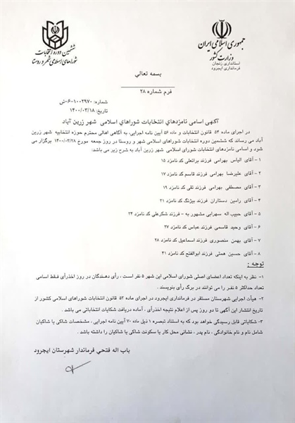 آگهی اسامی نامزدهای انتخابات شورای اسلامی شهر زرین آباد