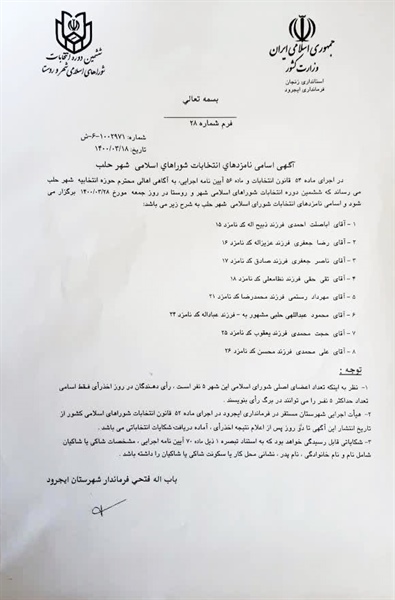 آگهی اسامی نامزدهای انتخابات شورای اسلامی شهر حلب