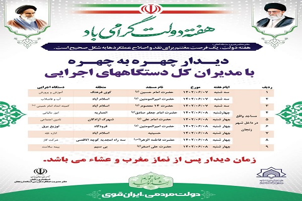 برنامه زمانبندی دیدار چهره به چهره مدیران دستگاههای اجرایی در مساجد شهر زنجان به مناسبت آغاز هفته دولت
