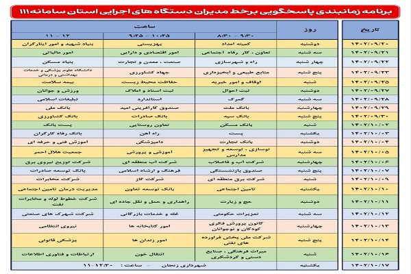 برنامه زمانبندی پاسخگویی برخط مدیران دستگاههای اجرایی استان زنجان در سامد خط 111