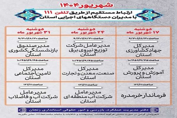 برنامه زمانبندی پاسخگویی برخط مدیران دستگاههای اجرایی استان زنجان در سامد خط 111، شهریور ماه 1404