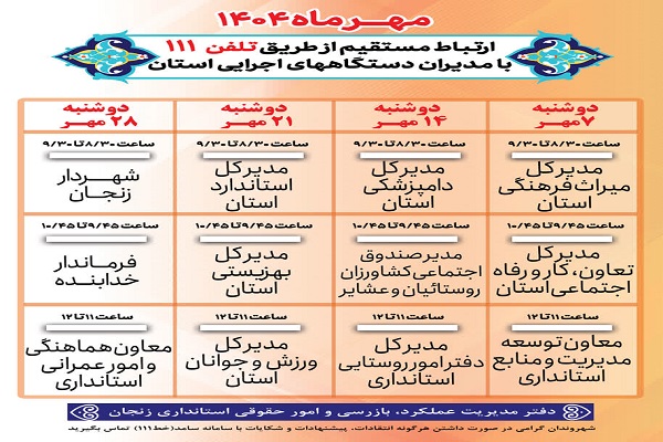 برنامه زمانبندی پاسخگویی برخط مدیران دستگاههای اجرایی استان زنجان در سامد خط 111، مهر ماه 1404